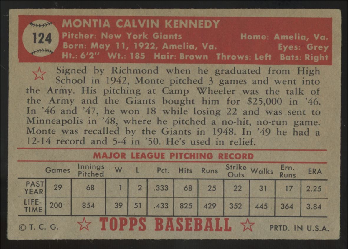 1952 Topps Monte Kennedy #124 VG