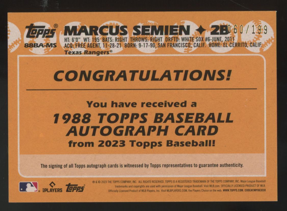 2023 Topps Series Two Marcus Semien Black 1988 Auto /199 #88BA-MS
