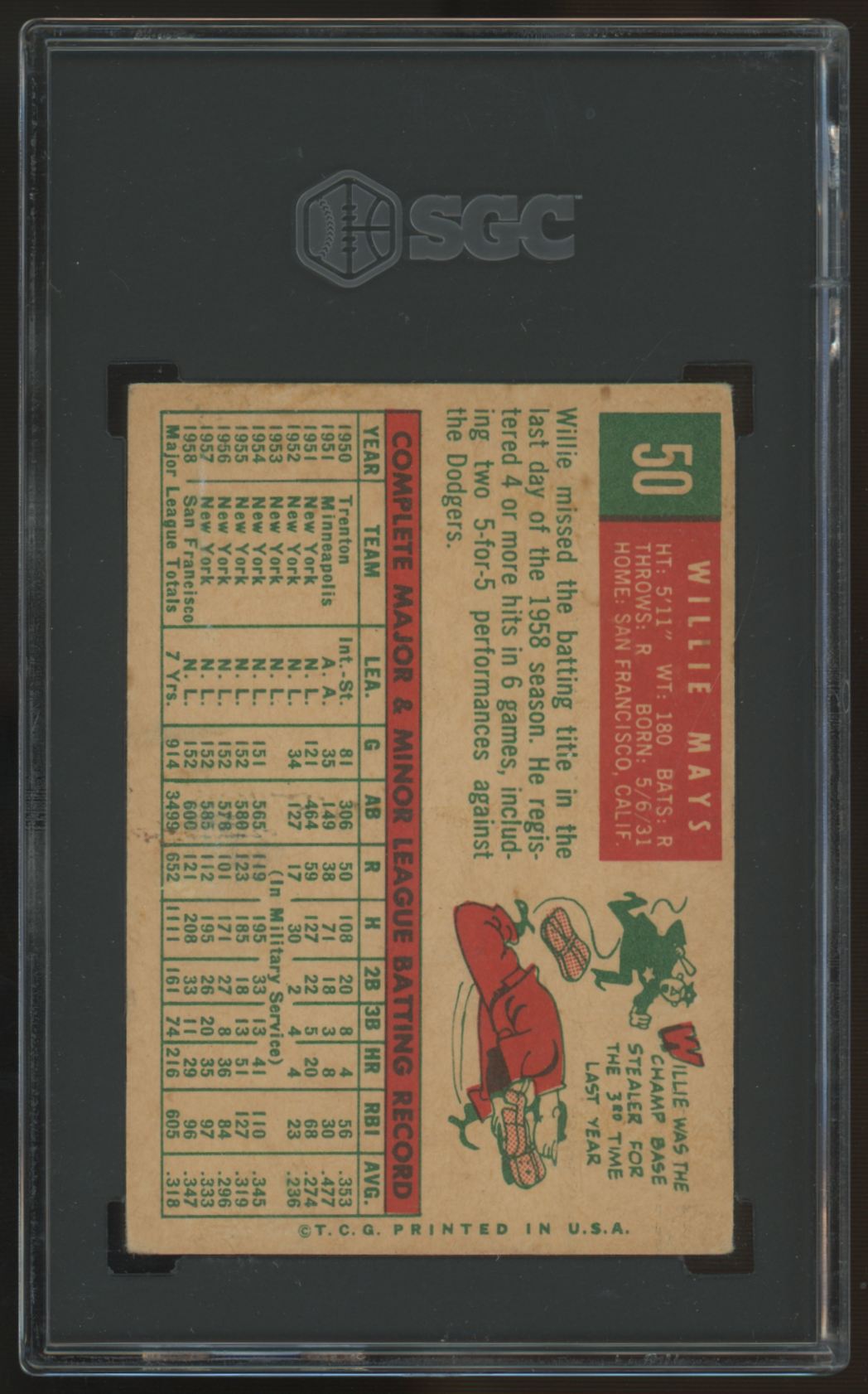 1959 Topps Willie Mays #50 SGC Authentic (Trimmed)