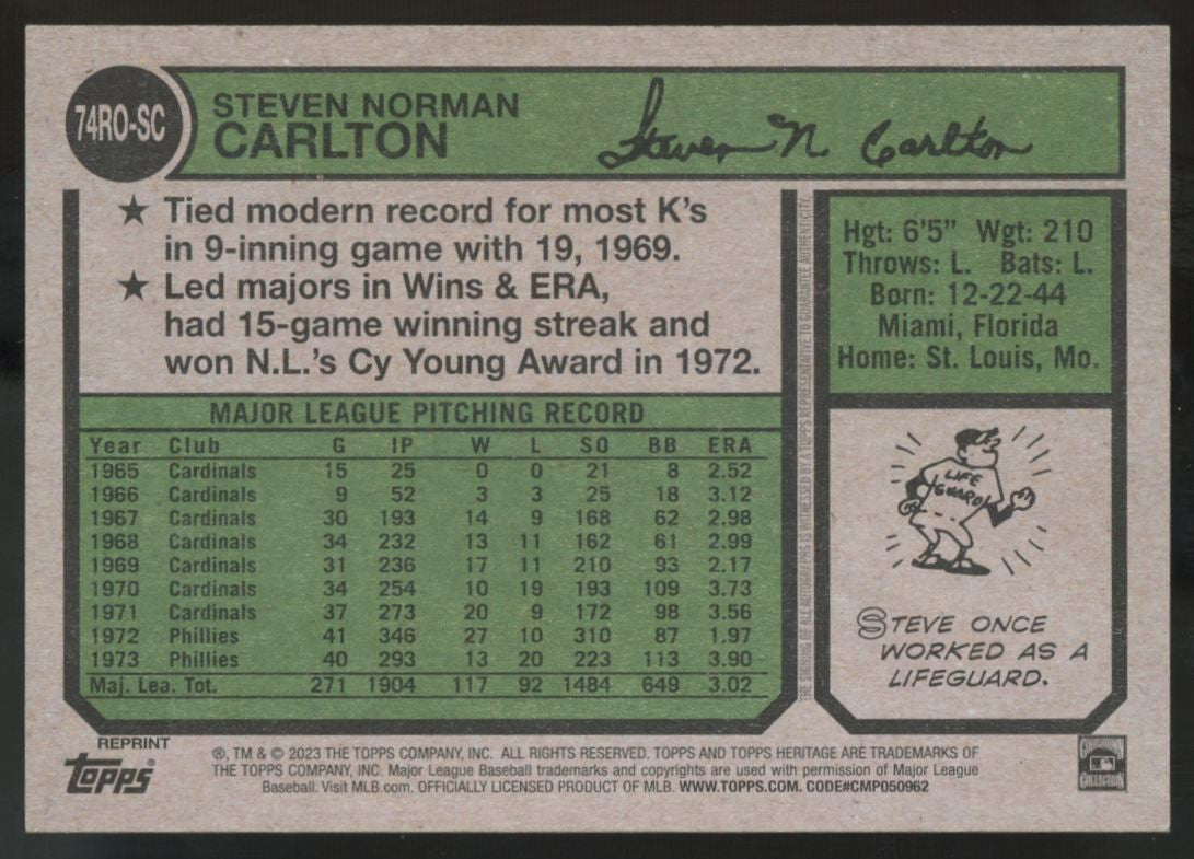 2023 Topps Heritage Steve Carlton 1974 Real One Auto #74RO-SC