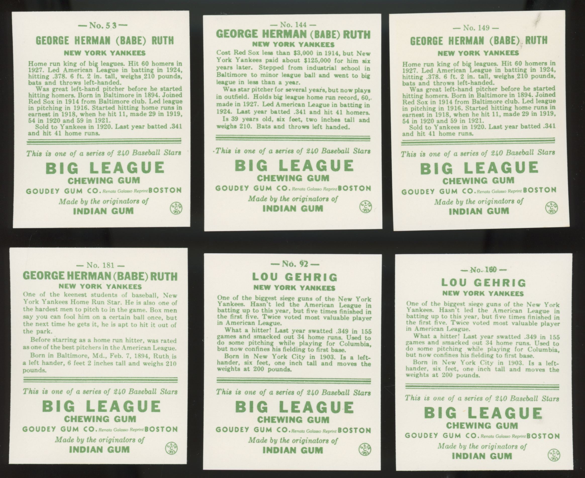 1983 Renata Galasso 1933 Goudey Baseball Reprint Near Set (238/240) *Read*