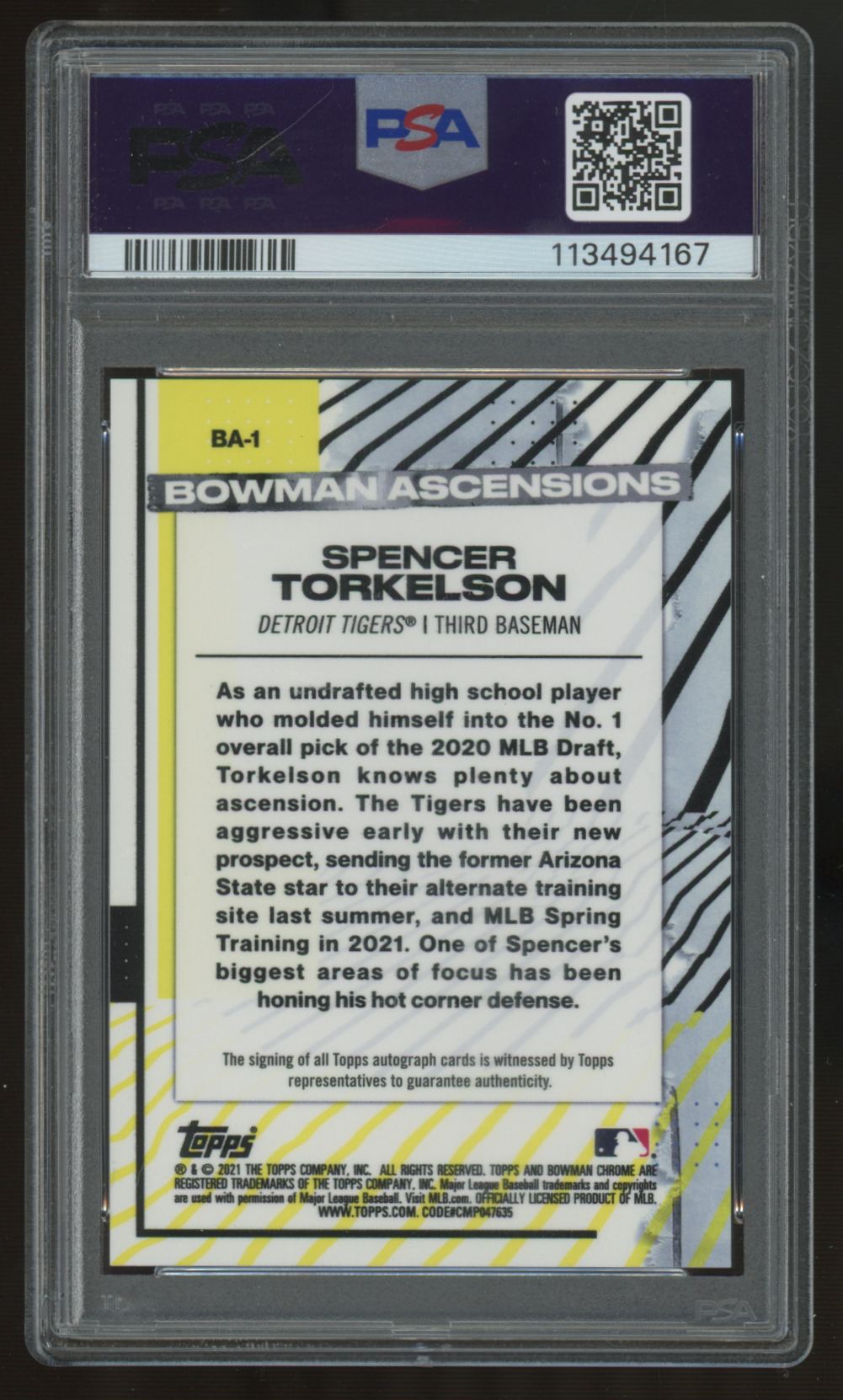 2021 Bowman Chrome Spencer Torkelson Ascensions Auto /100 #BA-1 PSA 9