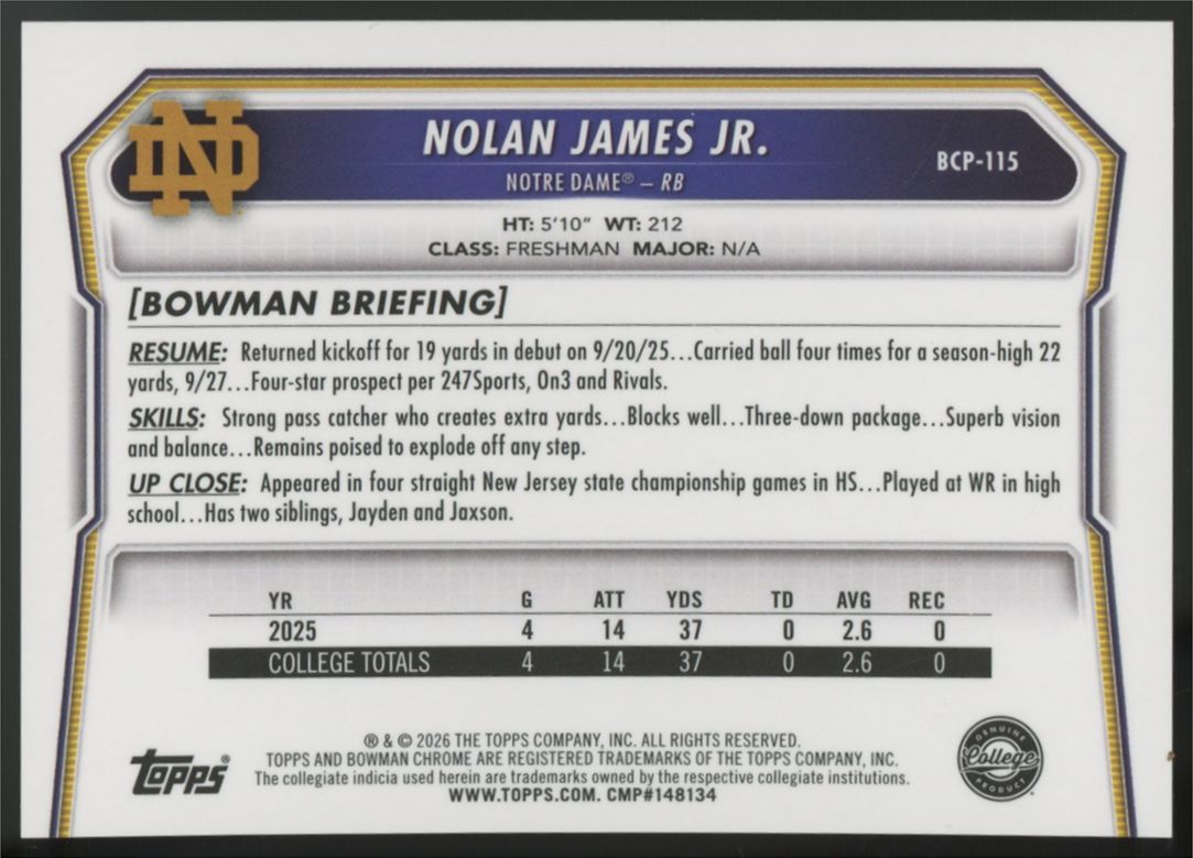 2026 Bowman Chrome U Nolan James Jr 1st Pink Refractor /250 #CPA-115