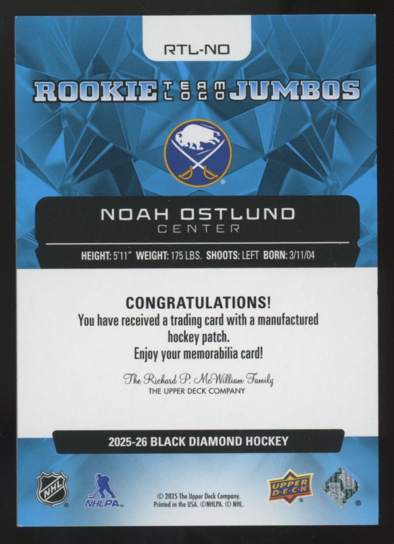 2025-26 Upper Deck Black Diamond Noah Ostlund RC Jumbo Logo Patch #RTL-NO
