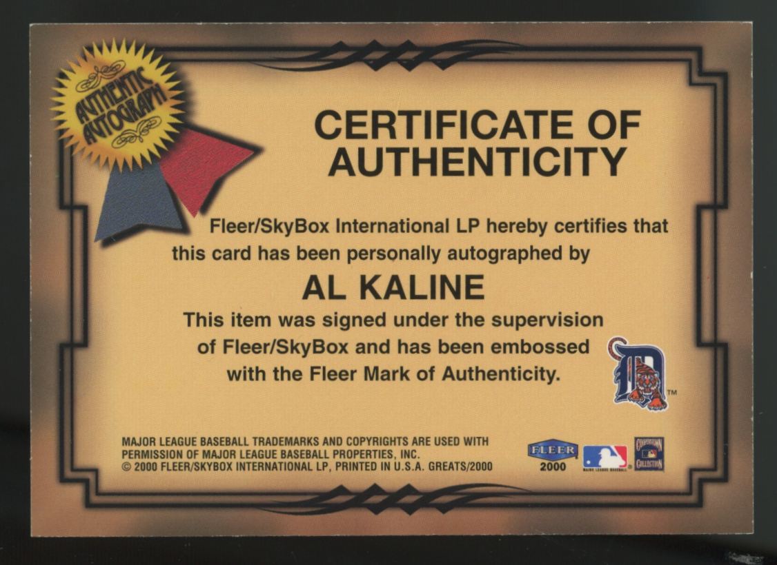 2000 Fleer Greats Of The Game Al Kaline Auto