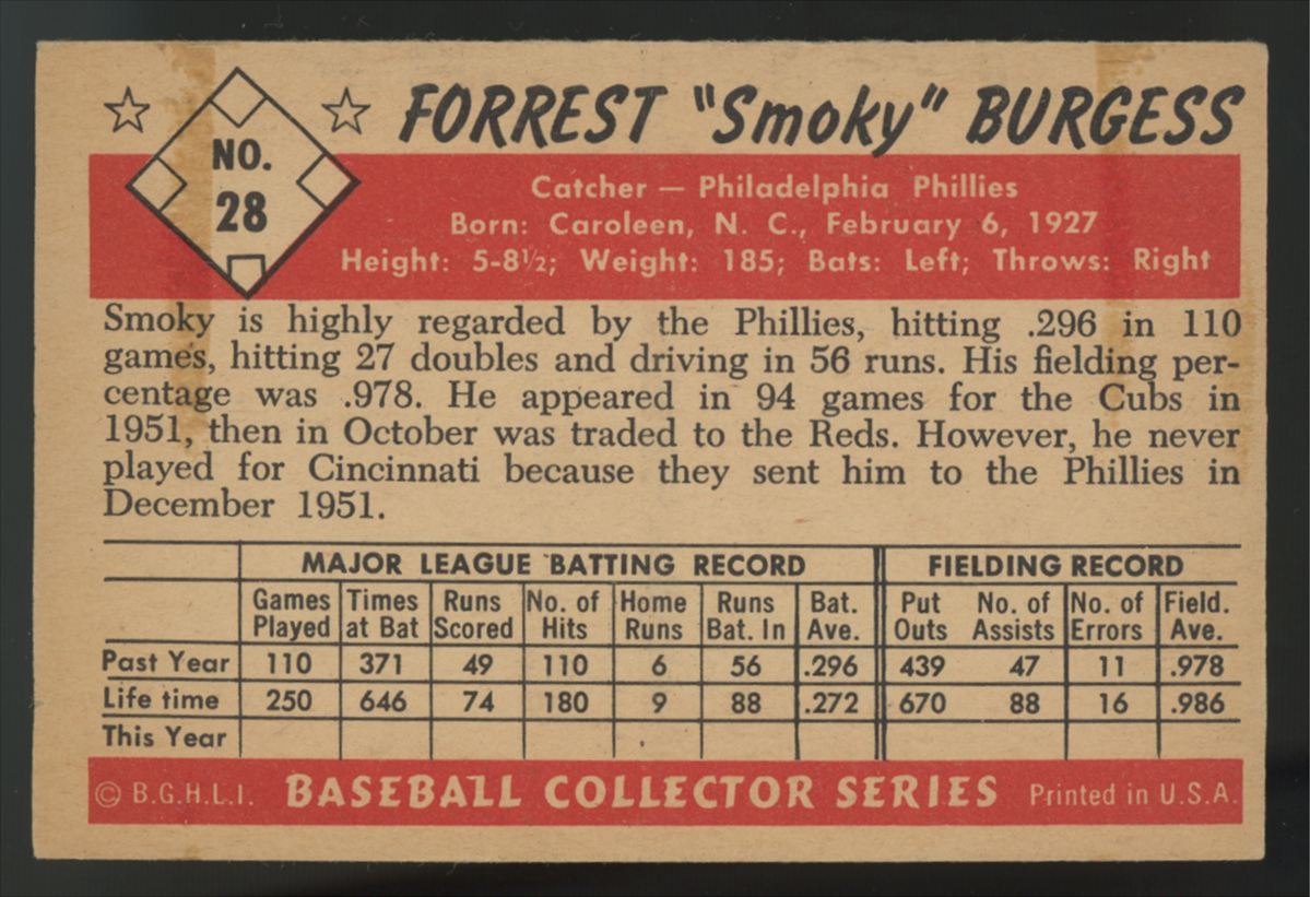 1953 Bowman Color Forrest "Smoky" Burgess #28 VG/EX
