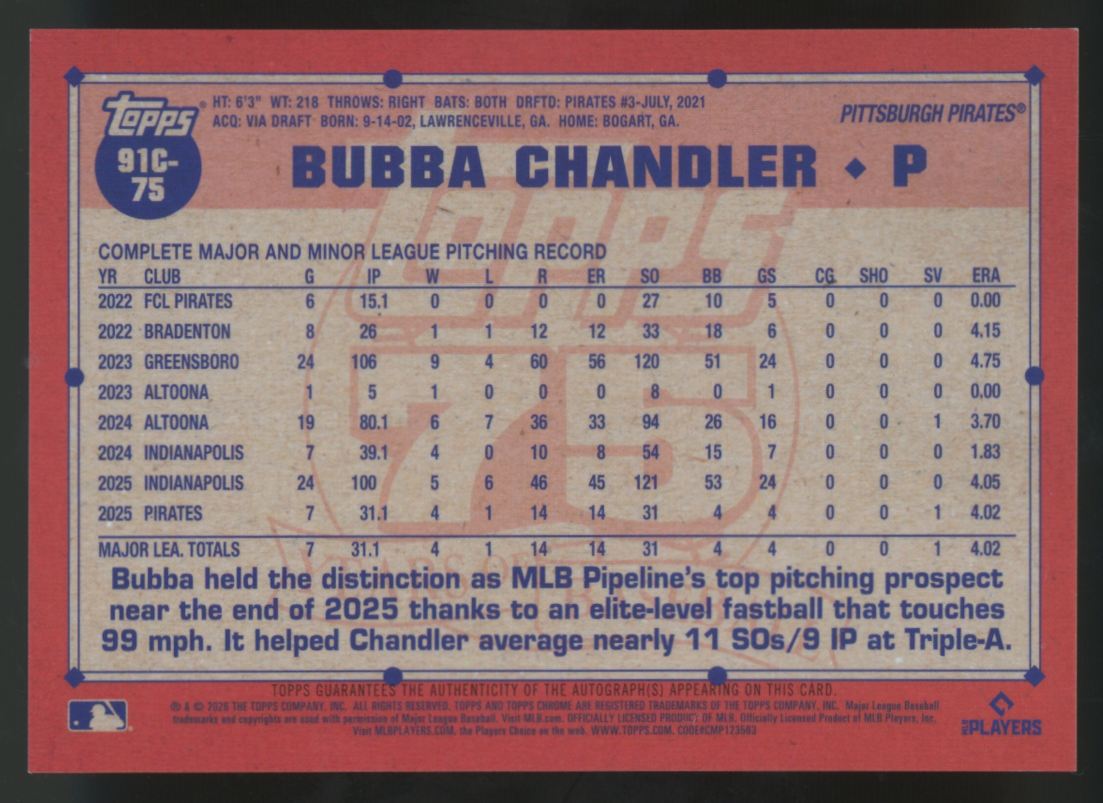 2026 Topps Series One Chrome Silver Pack Bubba Chandler RC 1991 Black Auto /10