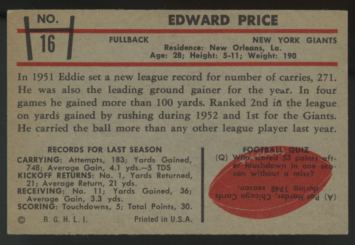 1953 Bowman Eddie Price #16 EX-MT