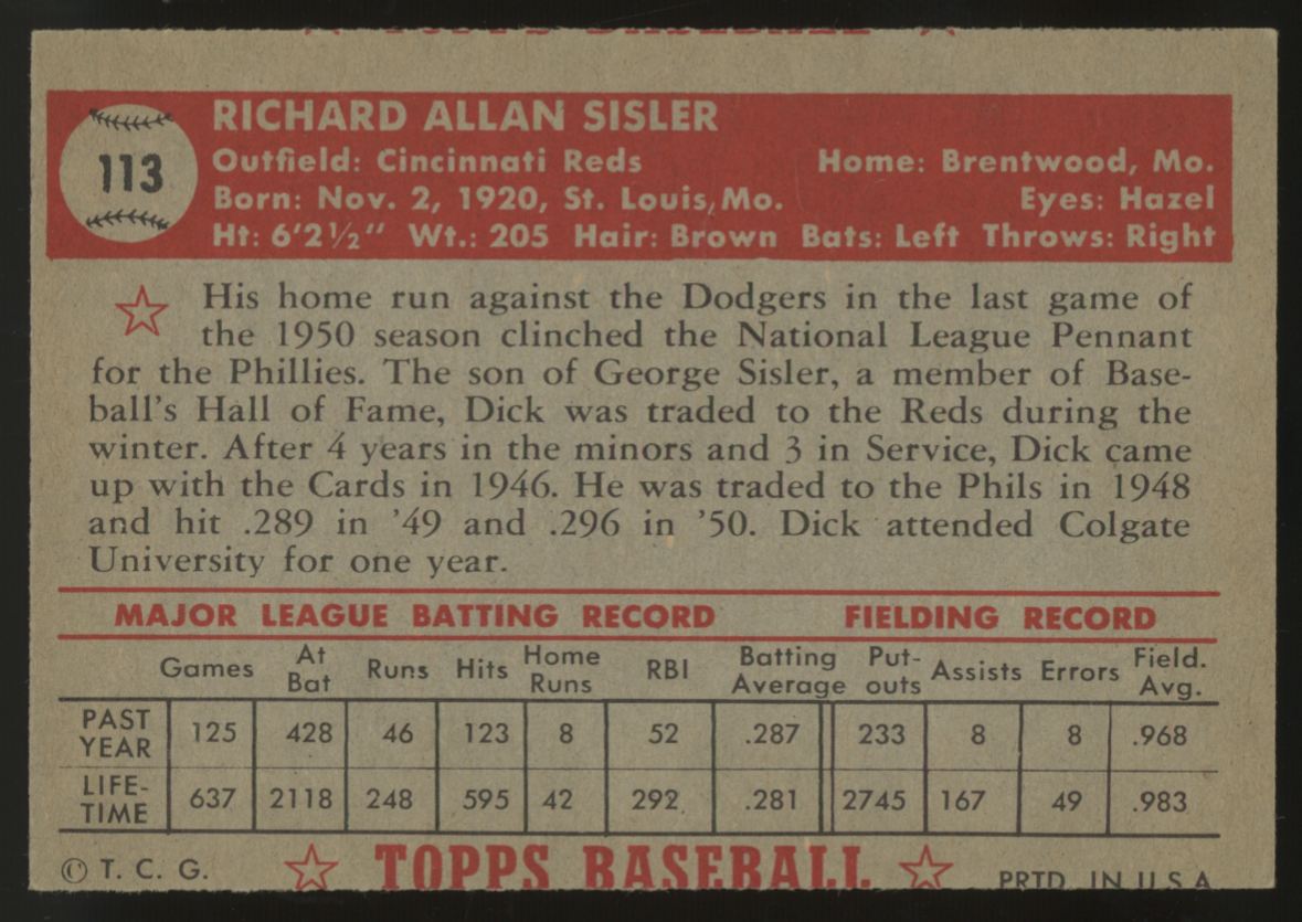 1952 Topps Dick Sisler #113 NM