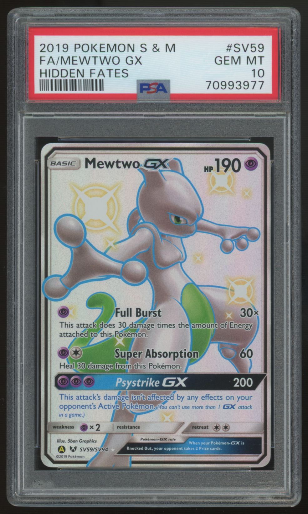 2019 Pokemon Mewtwo GX Hidden Fates Full Art #SV59 PSA 10 (B)