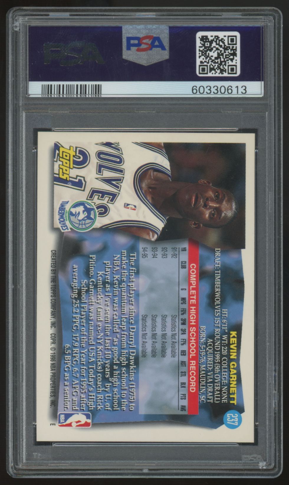1995-96 Topps Kevin Garnett #237 PSA 10
