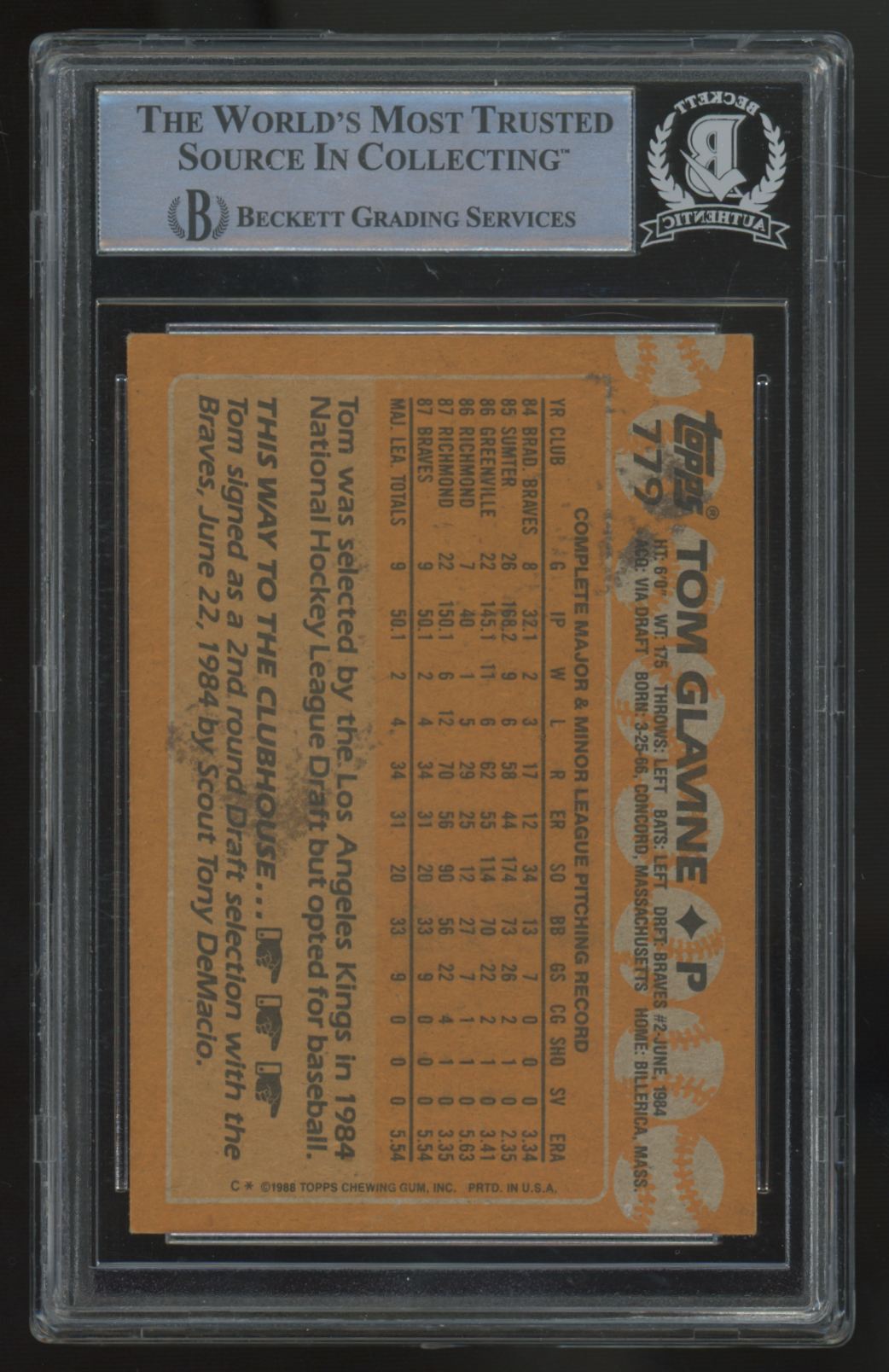 1988 Topps Tom Glavine RC Signed Auto #779 BGS Auto Authentic