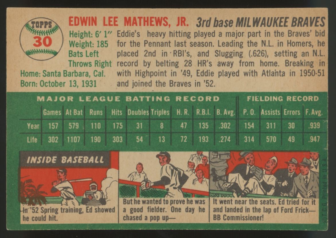 1954 Topps Ed Mathews #30 VG/EX