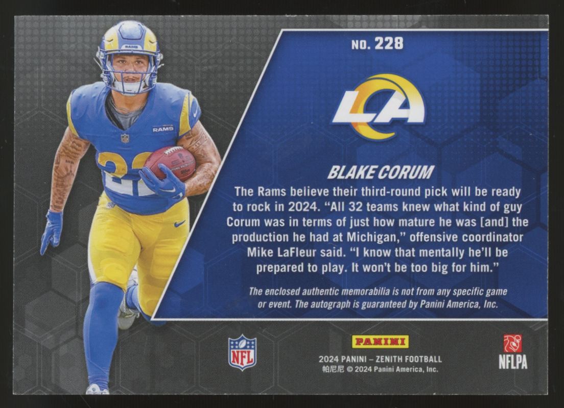 2024 Panini Zenith Blake Corum RC Patch Auto RPA /399 #228