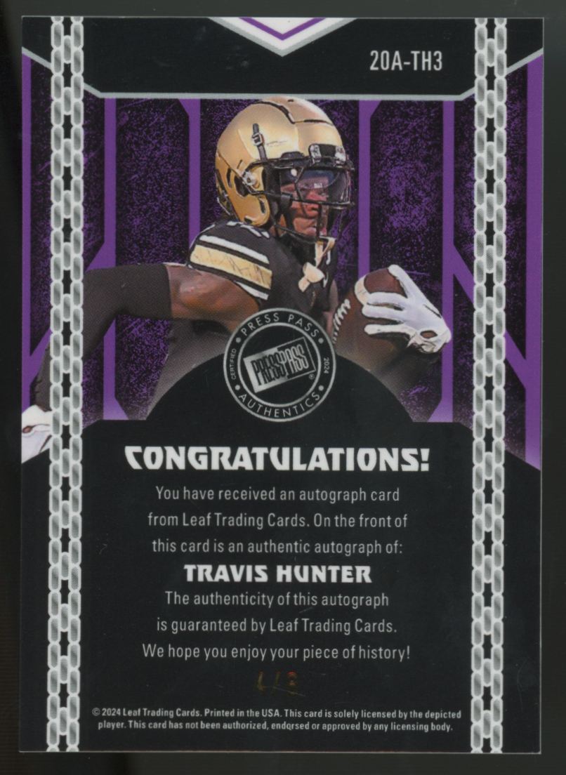 2024 Leaf Press Pass Travis Hunter Orange Shimmer Auto /8 #20A-TH3