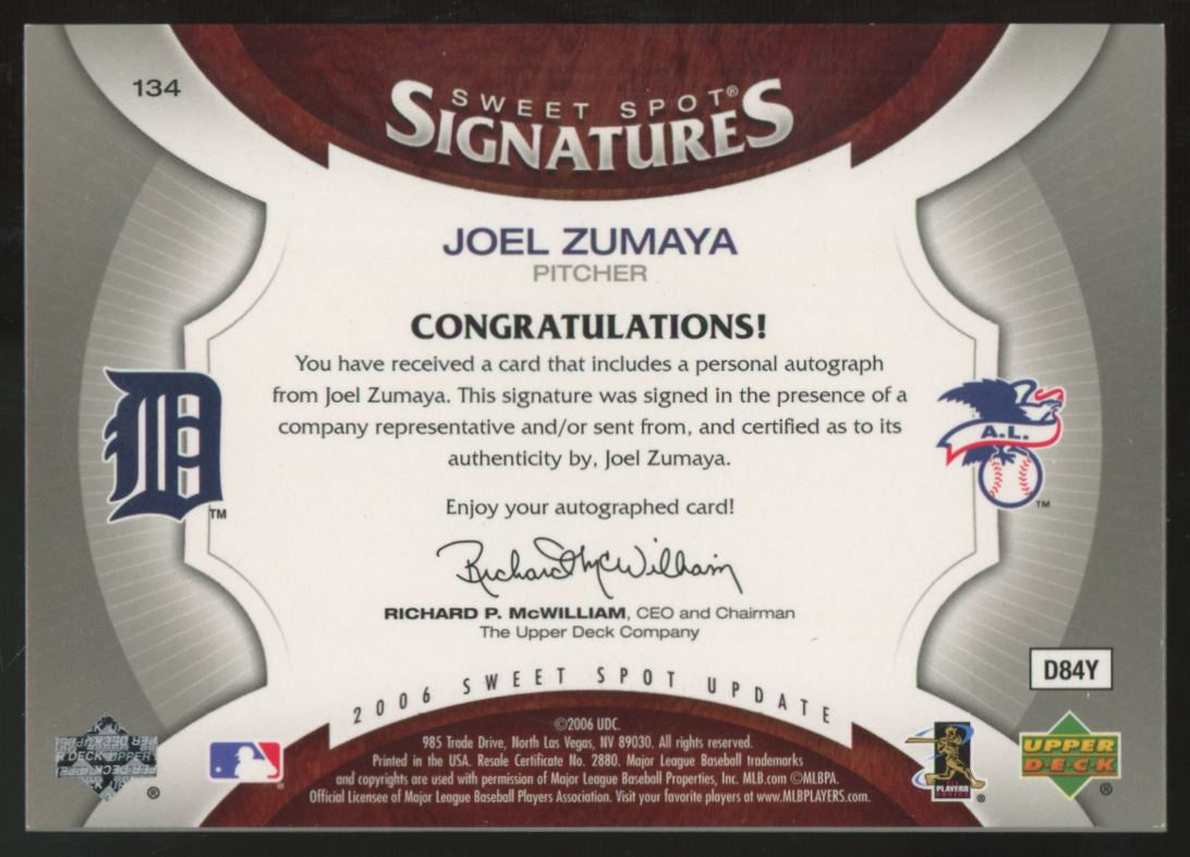 2006 Upper Deck Sweet Spot Update Joel Zumaya RC Red Ink Auto /50 #134