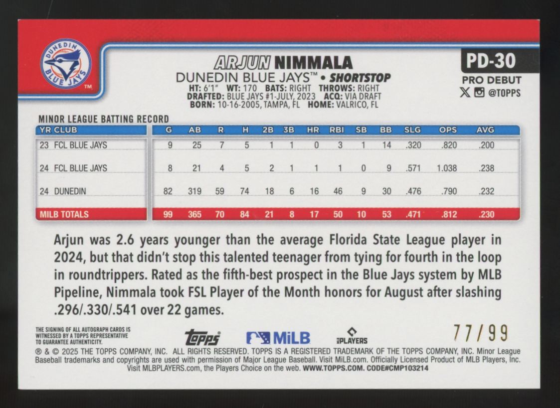 2025 Topps Pro Debut Arjun Nimmala Green Foil Auto /99 #PD-30