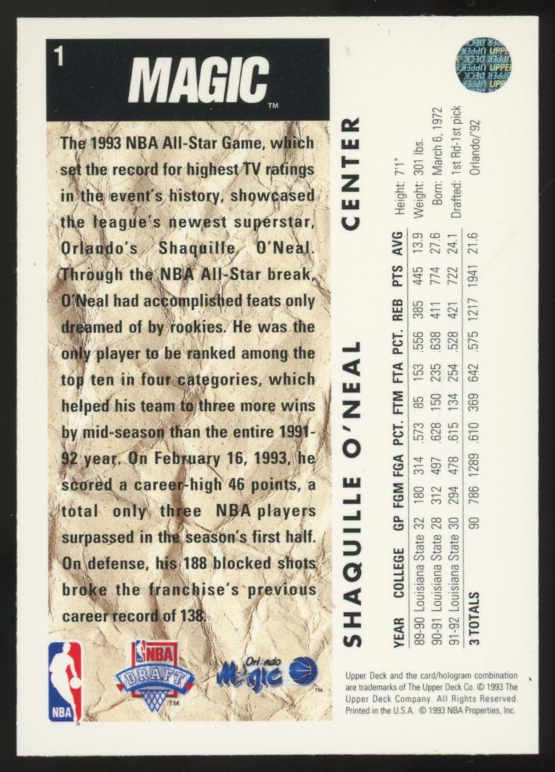 1992-93 Upper Deck Shaquille O'Neal RC Draft Pick #1 NM/MT