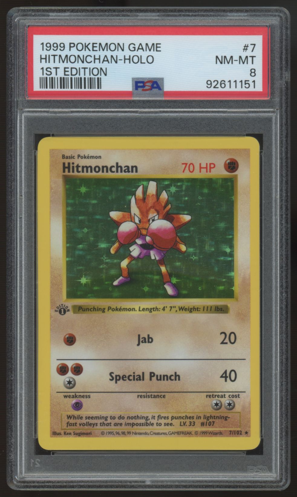 1999 Pokemon Hitmonchan Base Set 1st Edition Holo #7 PSA 8