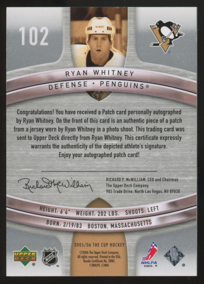 2005-06 Upper Deck The Cup Ryan Whitney RC Patch Auto RPA /199 #102