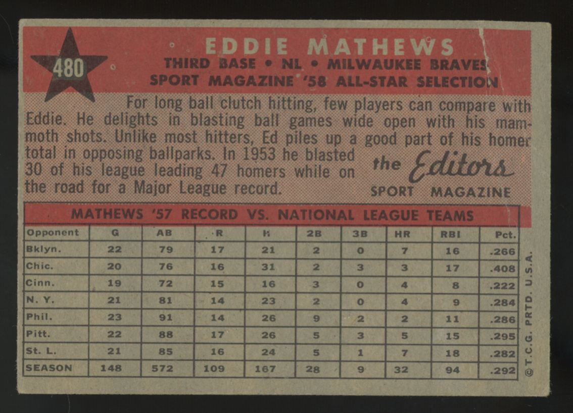 1958 Topps Eddie Mathews All Star #480 Good (Crease)