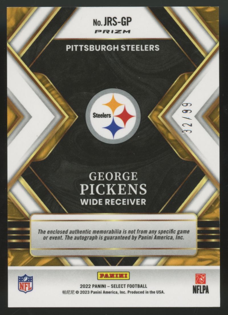 2022 Panini Select George Pickens RC Jumbo Patch Auto RPA Prizm /99 #JRS-GP