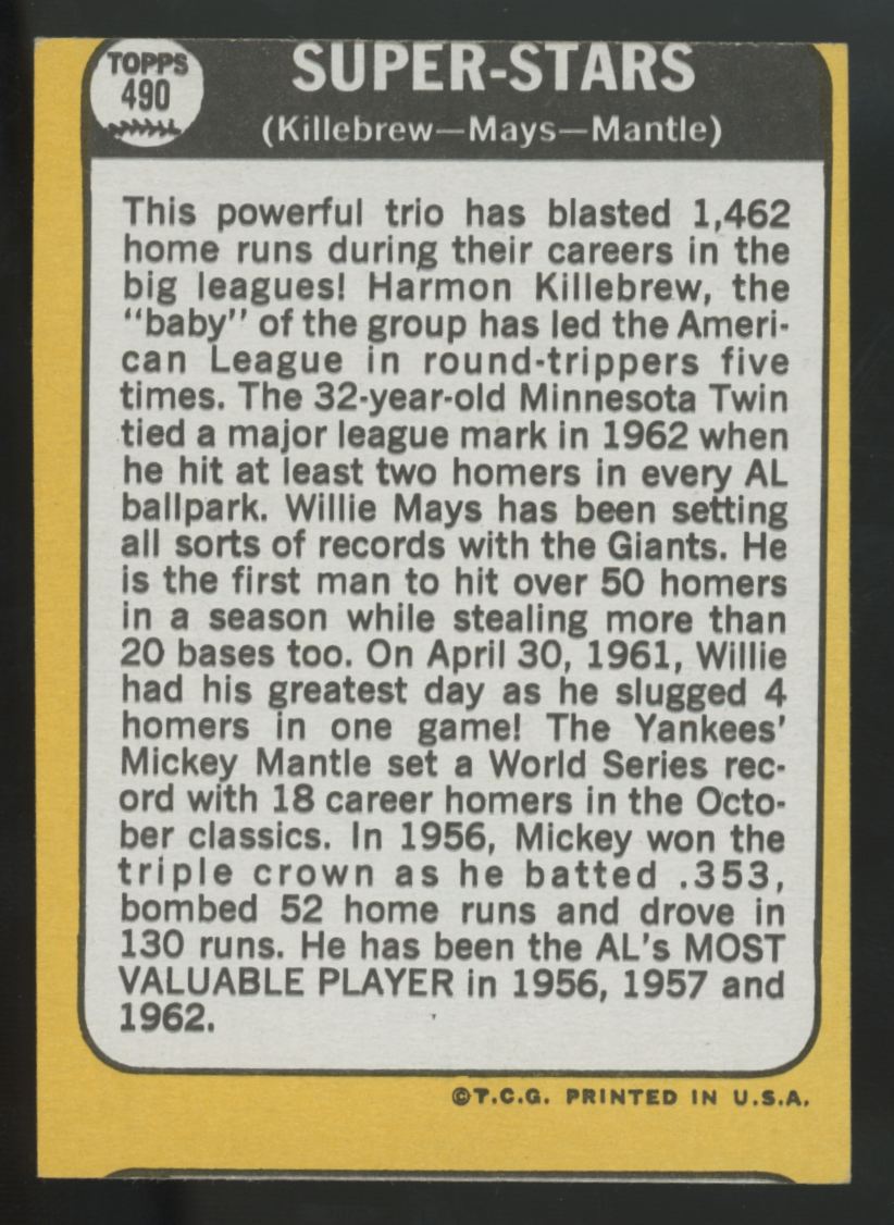 1968 Topps Killebrew/Mays/Mantle Super Stars #490 EX/MT (MC)