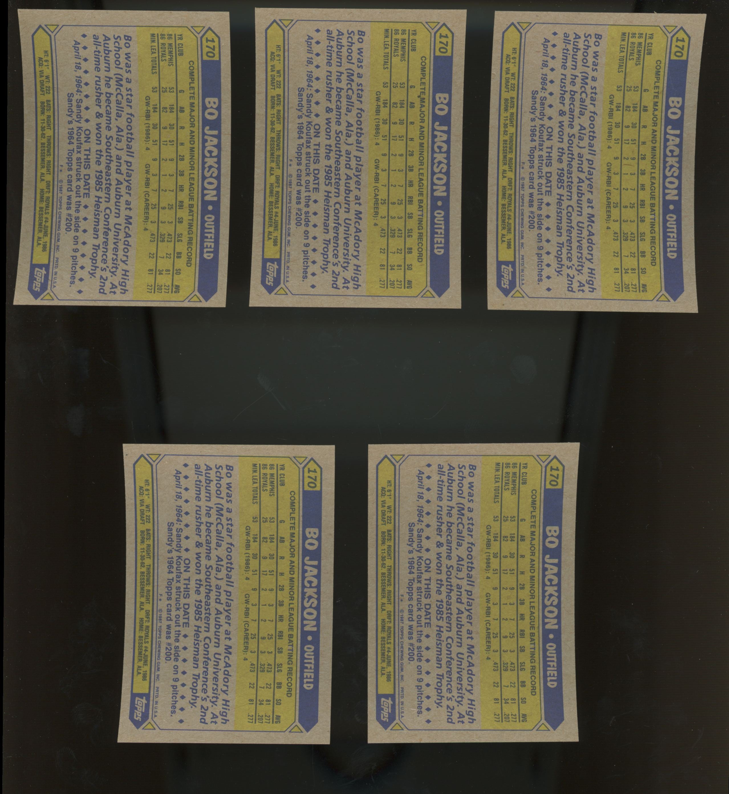 1987 Topps Bo Jackson RC #170 Lot of 25 NM-MT "B"