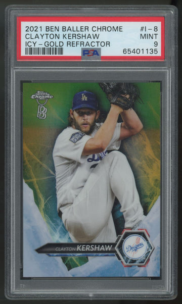 2021 Topps Chrome Ben Baller Clayton Kershaw Icy-Gold Refractor /50 #I-8 PSA 9