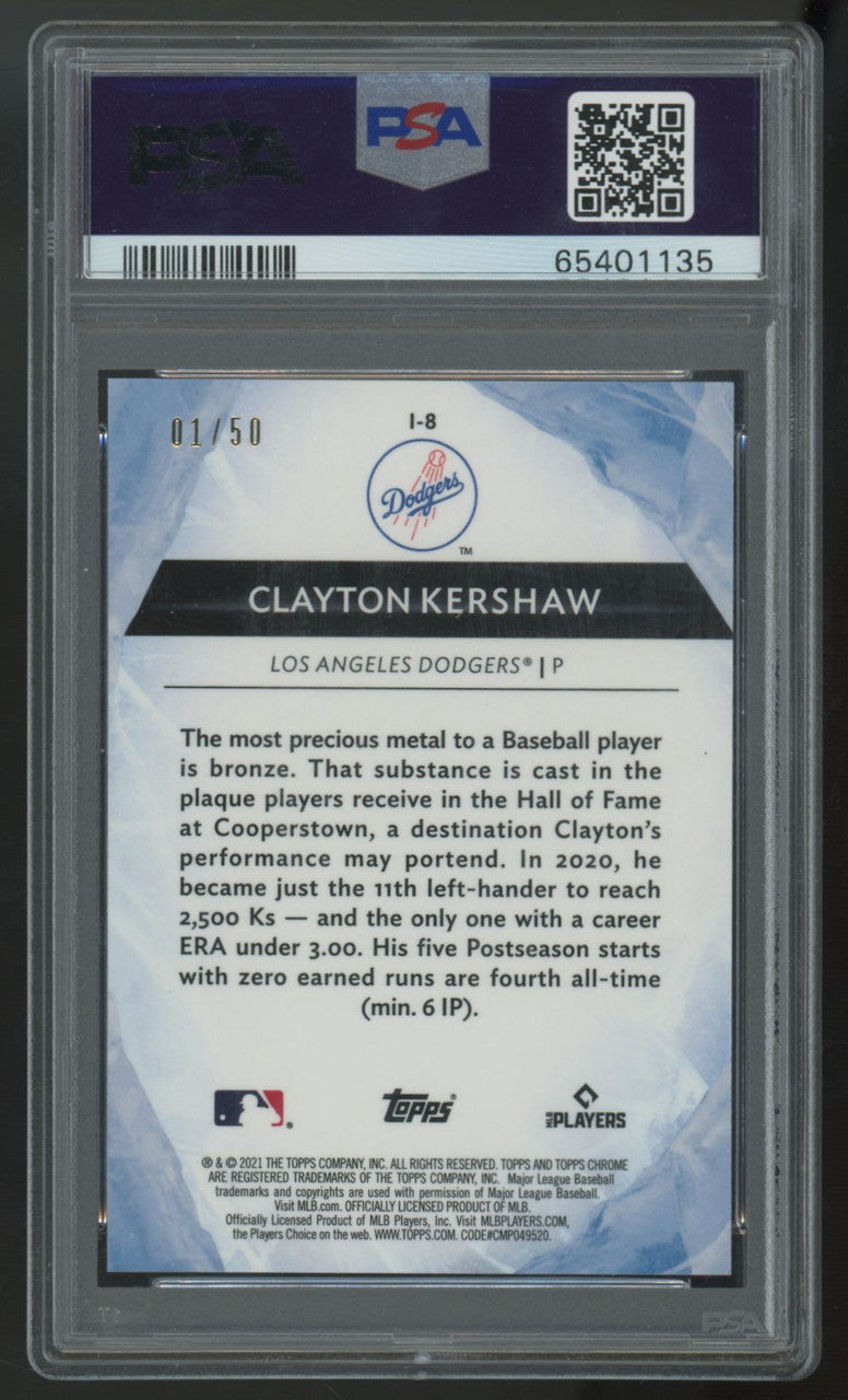 2021 Topps Chrome Ben Baller Clayton Kershaw Icy-Gold Refractor /50 #I-8 PSA 9