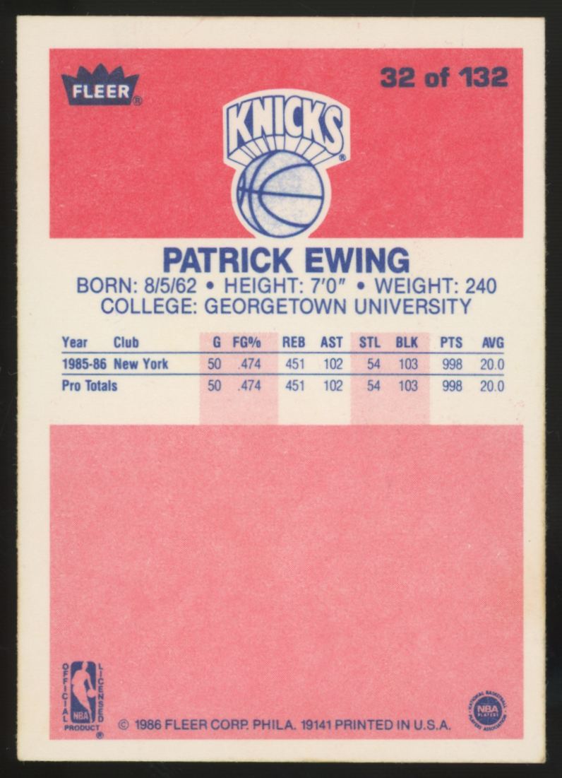 1986-87 Fleer Premier Patrick Ewing RC #32 EX