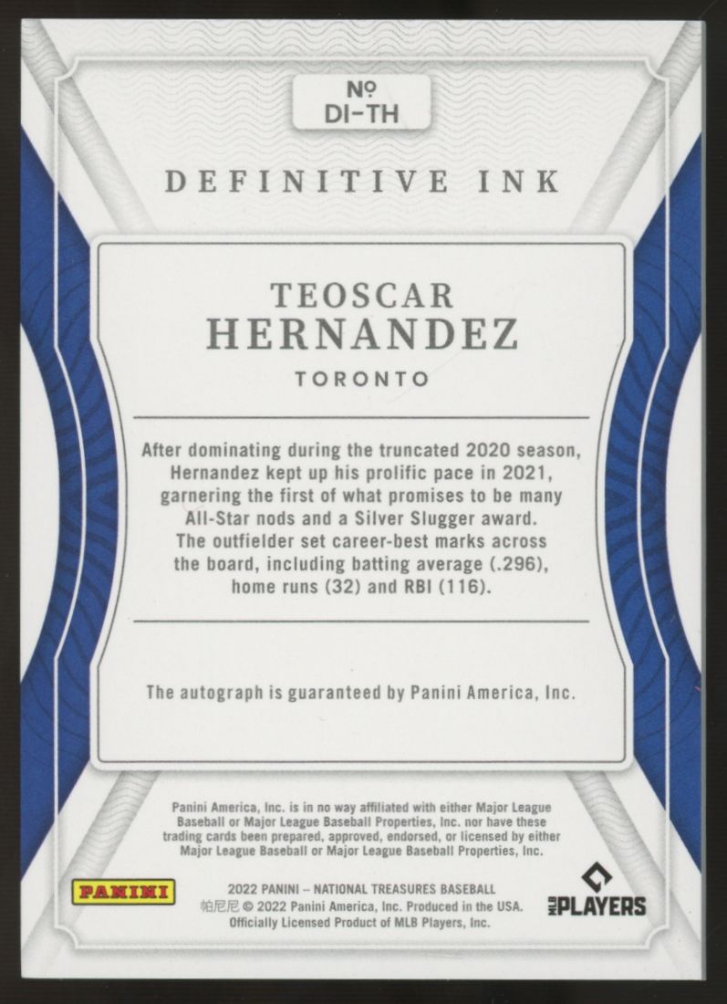 2022 Panini National Treasures Teoscar Hernandez Definitive Ink Auto /99 #DI-TH