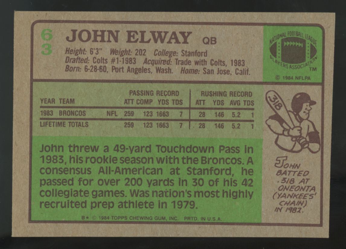 1984 Topps John Elway RC #63 EX "A"