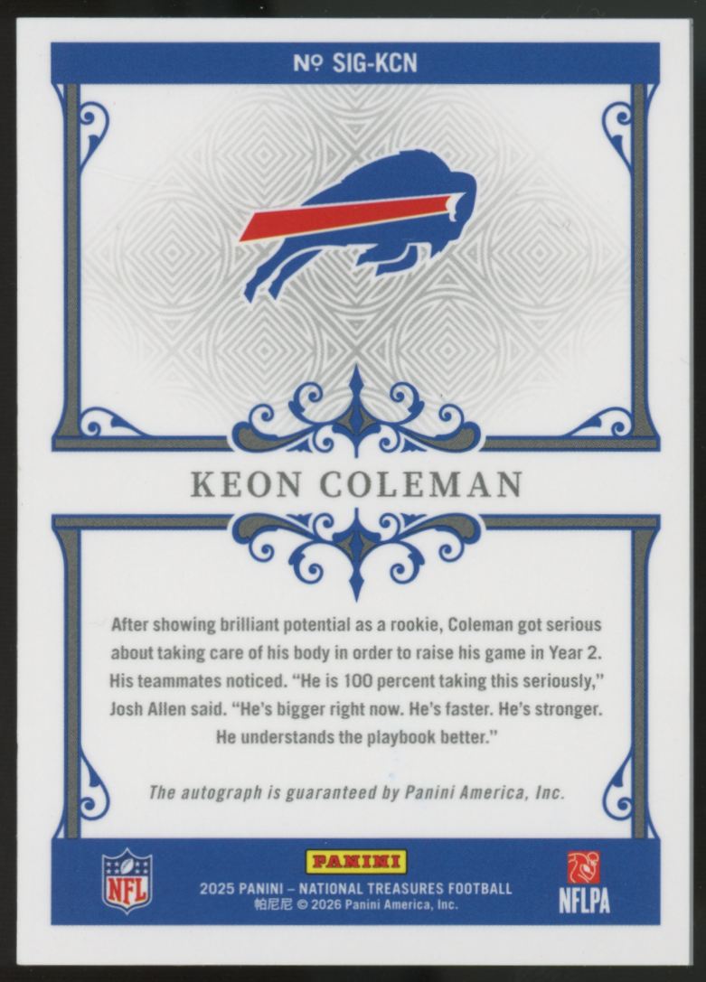 2025 National Treasures Keon Coleman Signatures Auto /99 #SIG-KCN