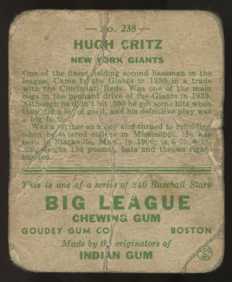 1933 Goudey Hugh Critz #238 Poor