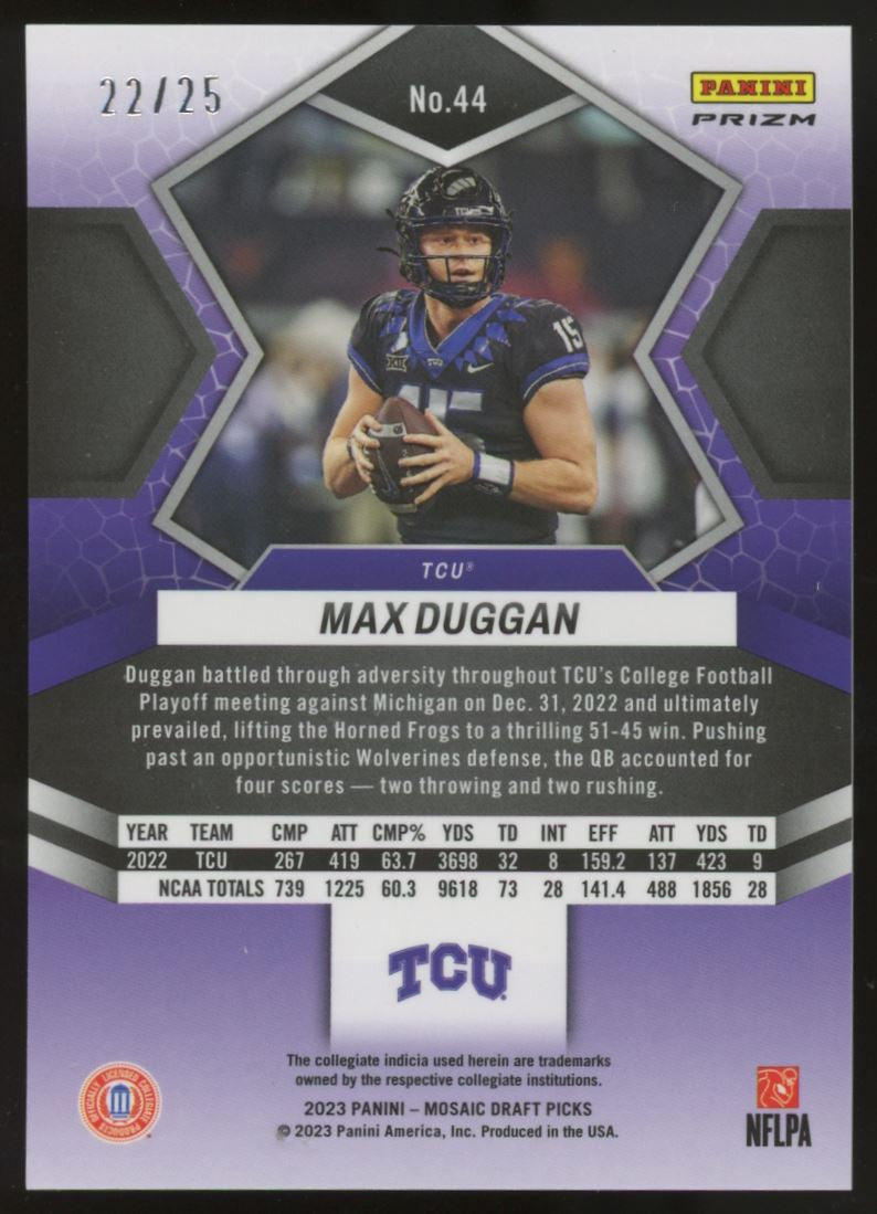 2023 Mosaic Draft Max Duggan RC Pink Prizm /25 #44