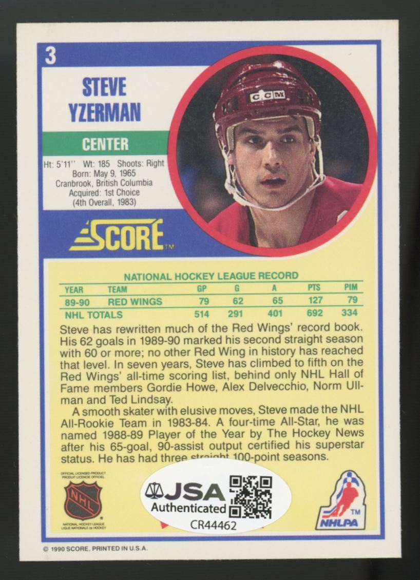 1990-91 Score Steve Yzerman Signed Auto #3 JSA Authentic
