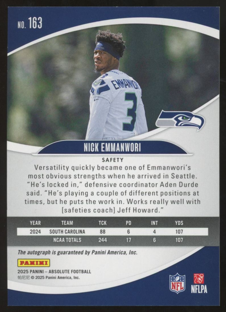 2025 Panini Absolute Nick Emmanwori RC Green Waves Auto /50 #163