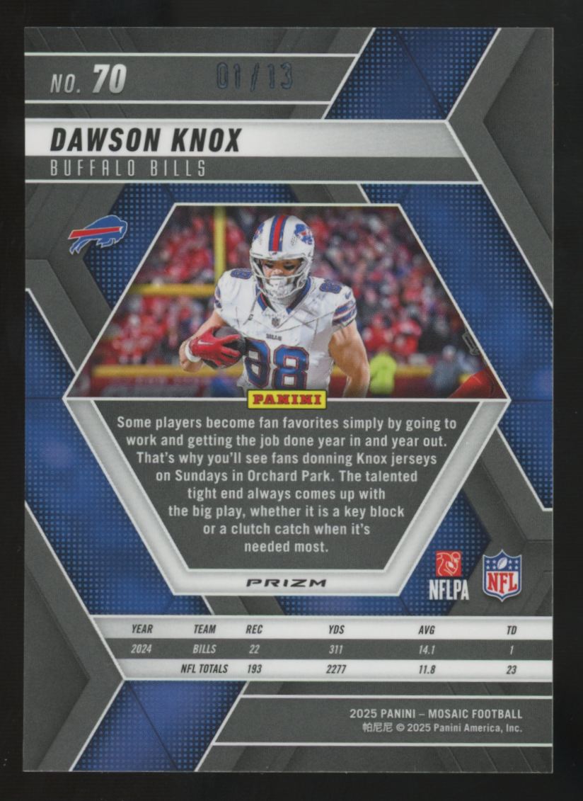 2025 Panini Mosaic Dawson Knox Pink Spectris /13 #70