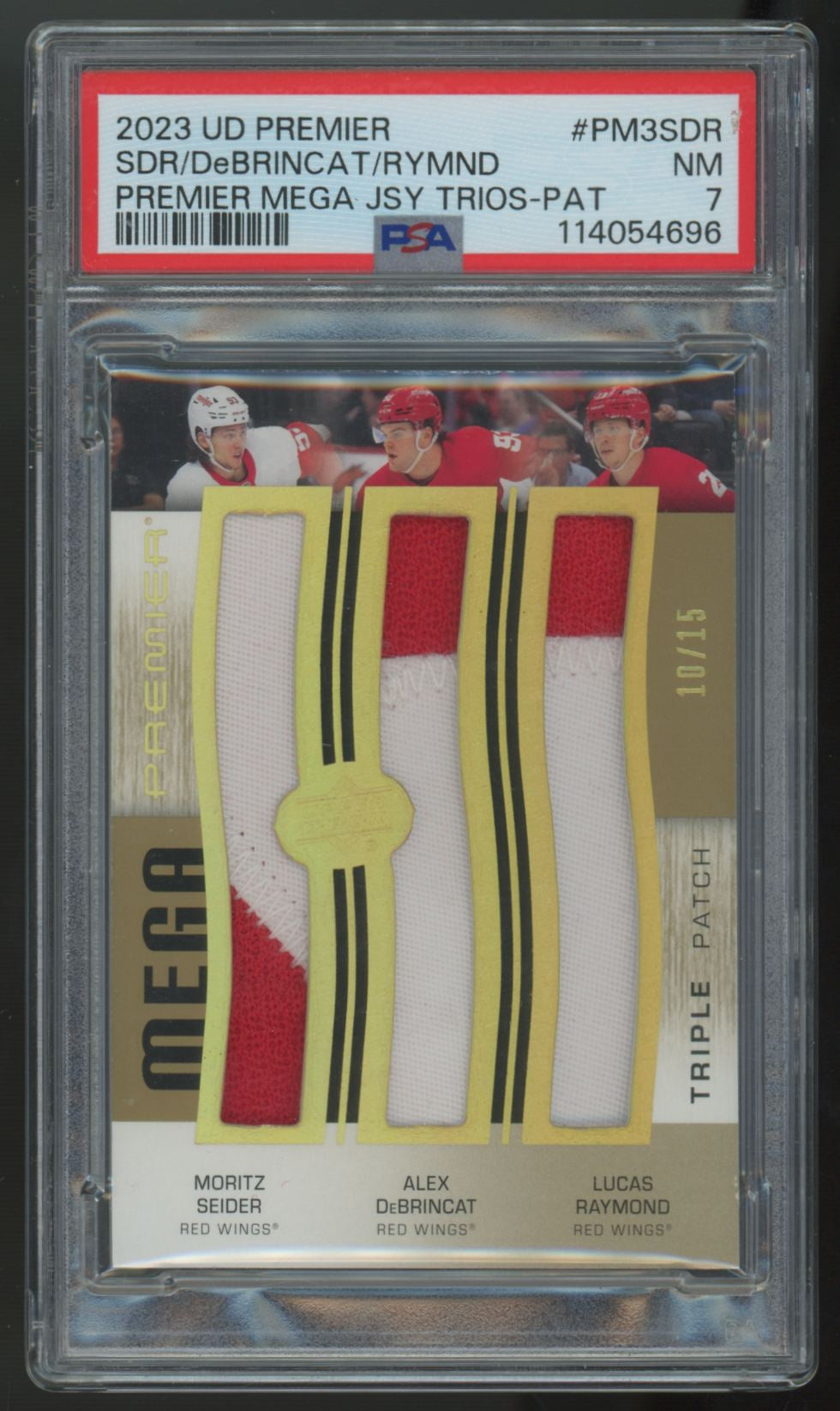 2023-24 UD Premier Seider/DeBrincat/Raymond Mega Triple Patch /15 #PM3-SDR PSA 7