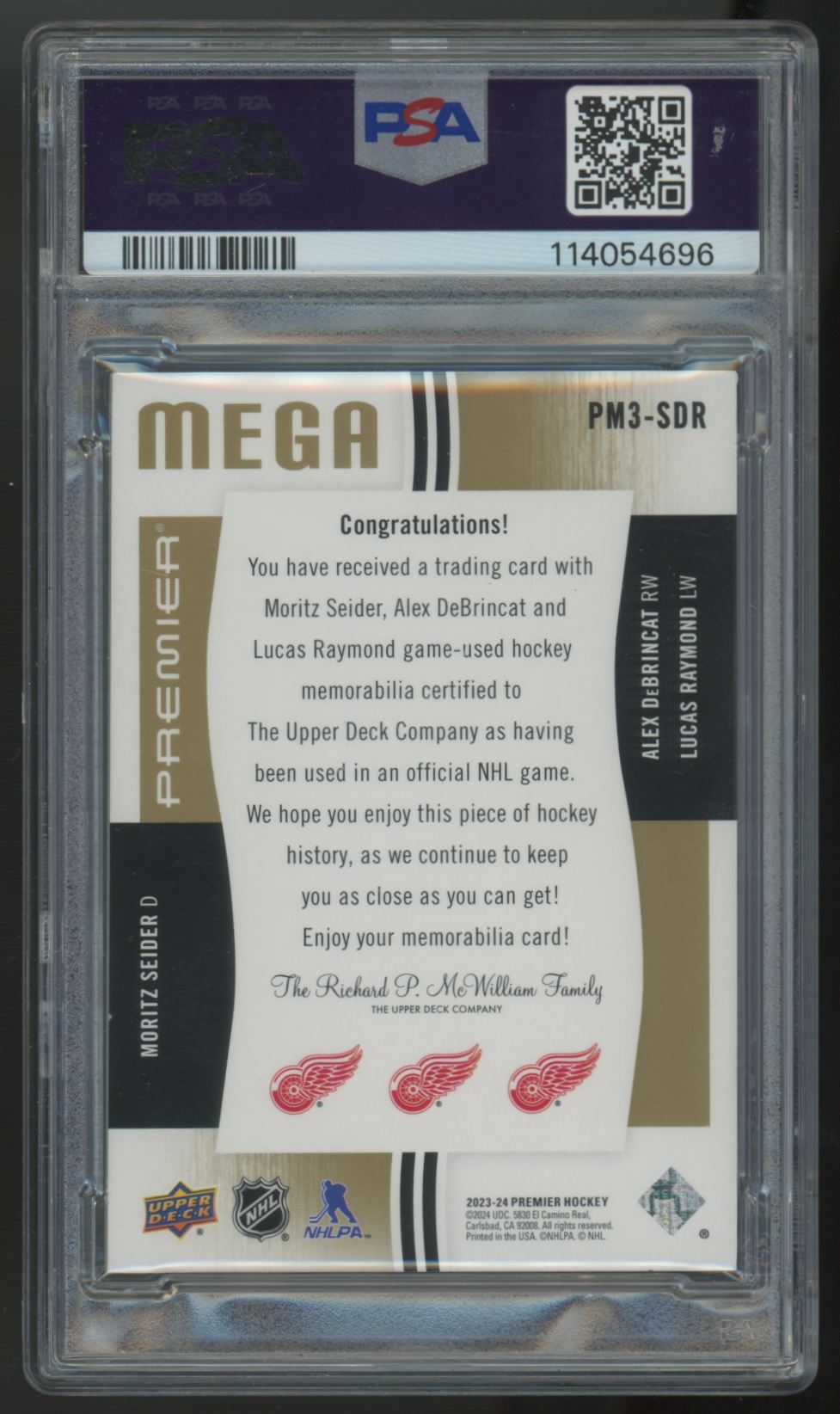 2023-24 UD Premier Seider/DeBrincat/Raymond Mega Triple Patch /15 #PM3-SDR PSA 7