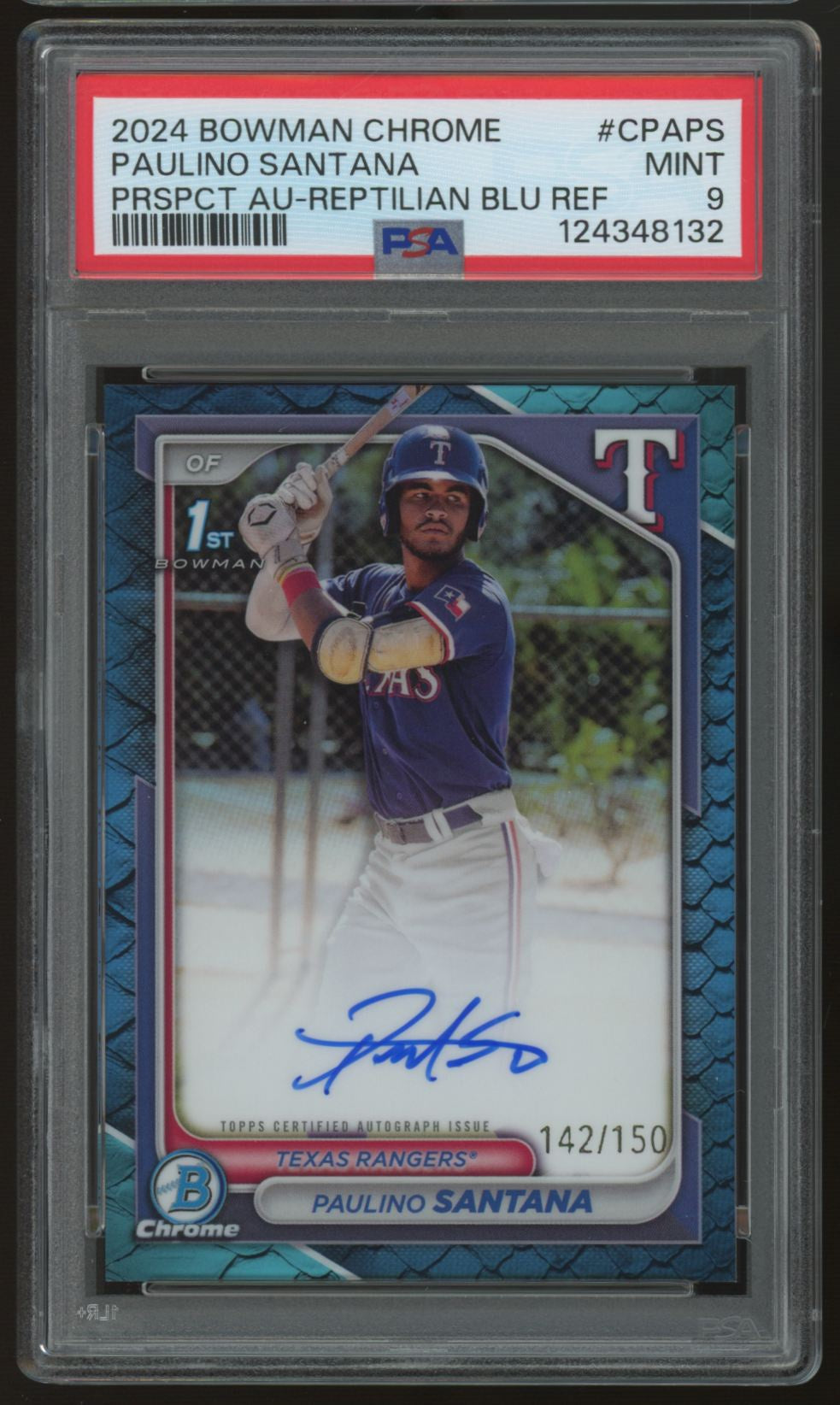 2024 Bowman Chrome Paulino Santana 1st Auto Blue Reptilian /150 #CPA-PS PSA 9