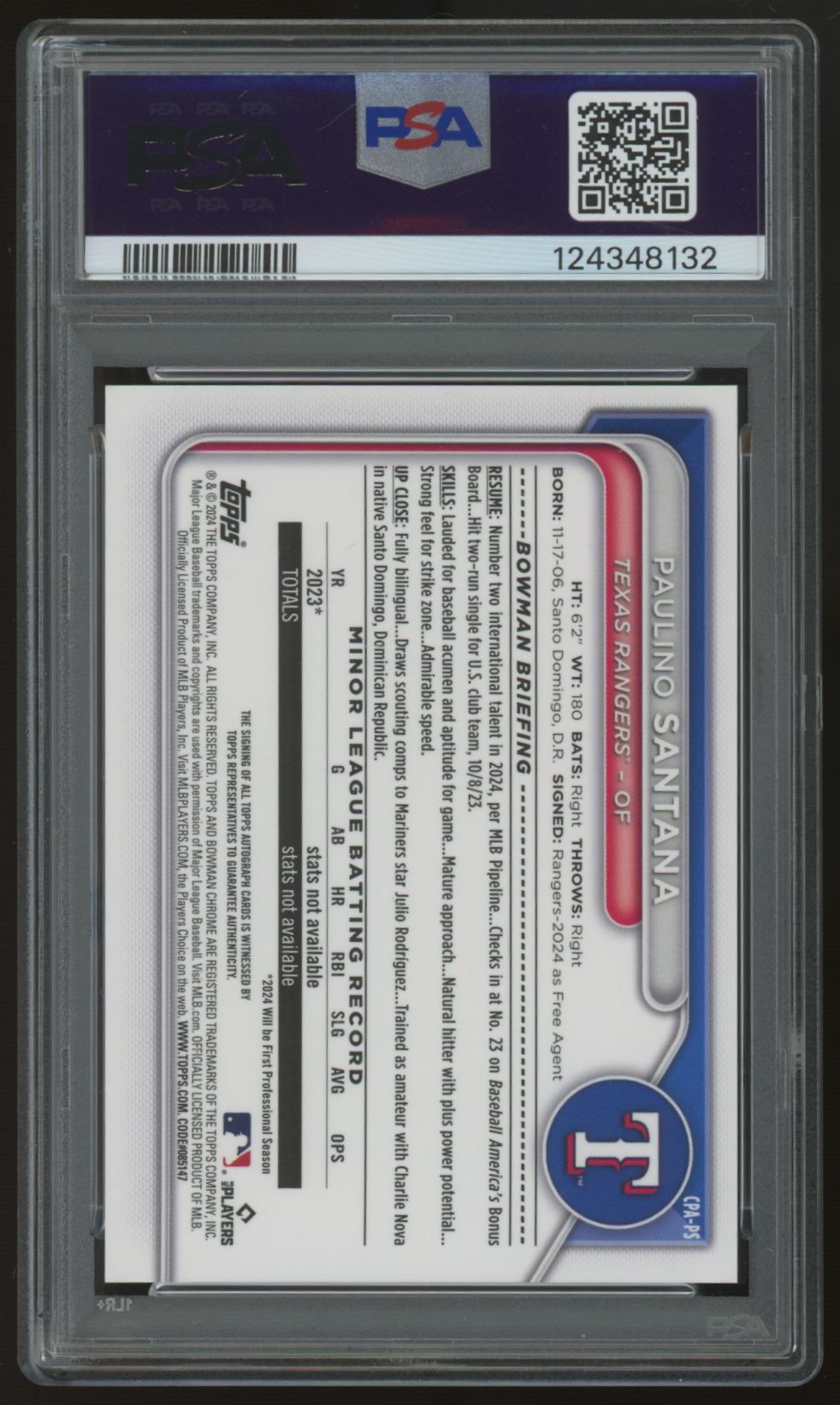 2024 Bowman Chrome Paulino Santana 1st Auto Blue Reptilian /150 #CPA-PS PSA 9