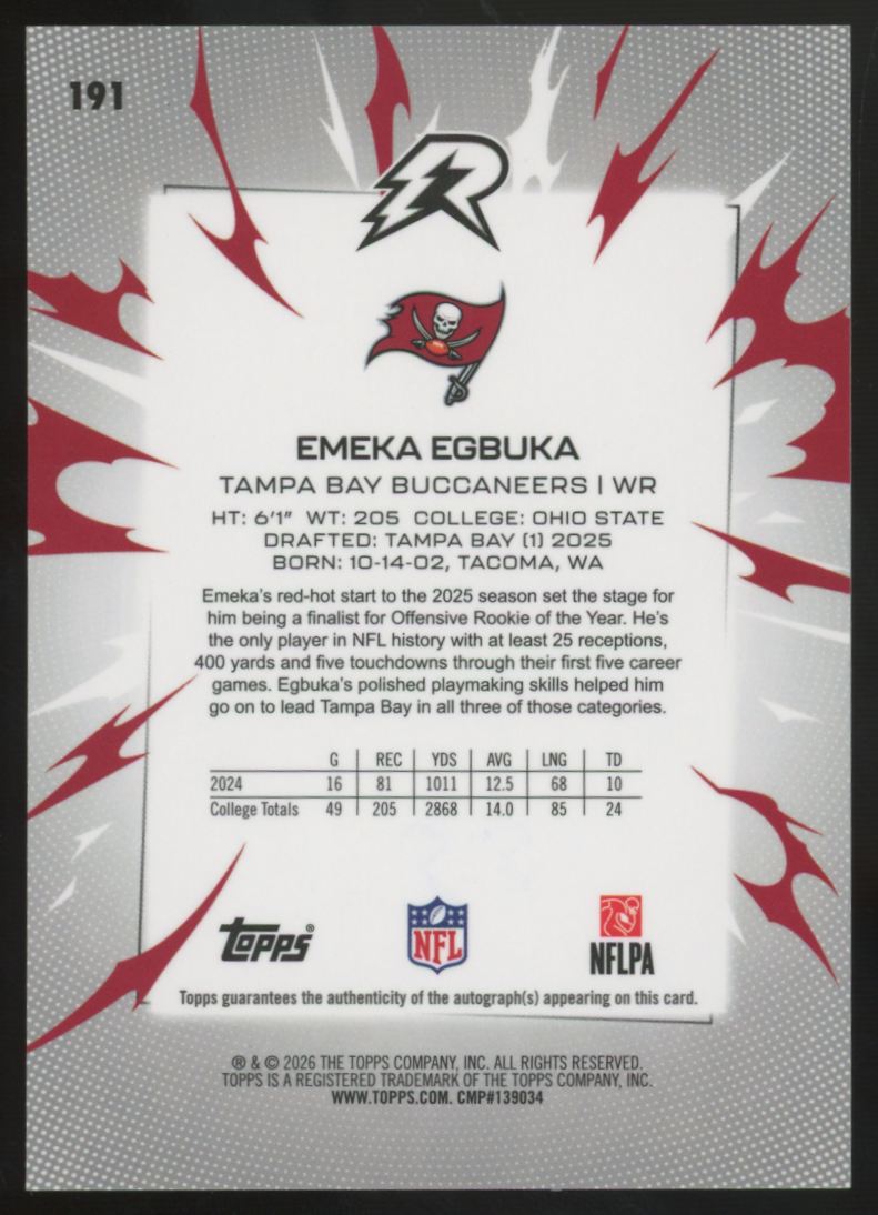 2025 Topps Resurgence Emeka Egbuka RC Orange Static Auto /25 #191