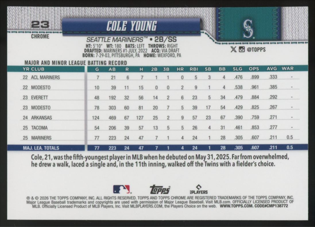 2026 Topps Chrome Cole Young RC Lightboard Logo SSP #23
