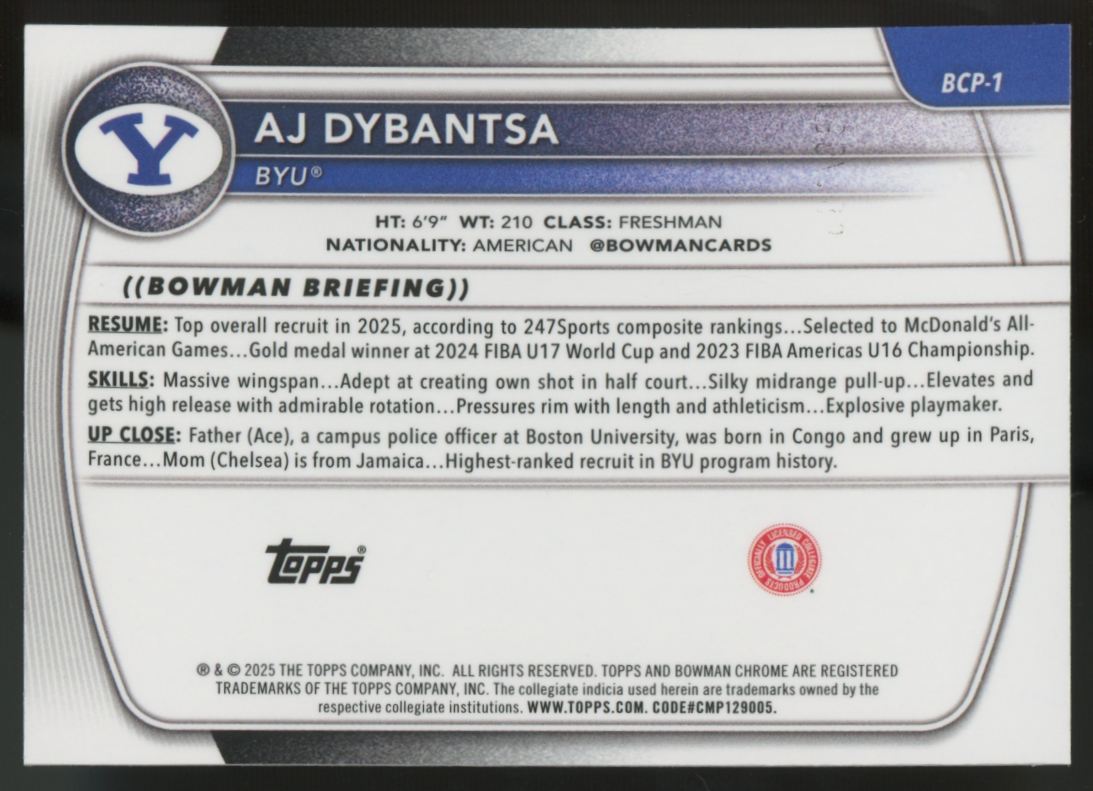 2025-26 Bowman Chrome AJ Dybantsa 1st Fuchsia Refractor /199 #BCP-1