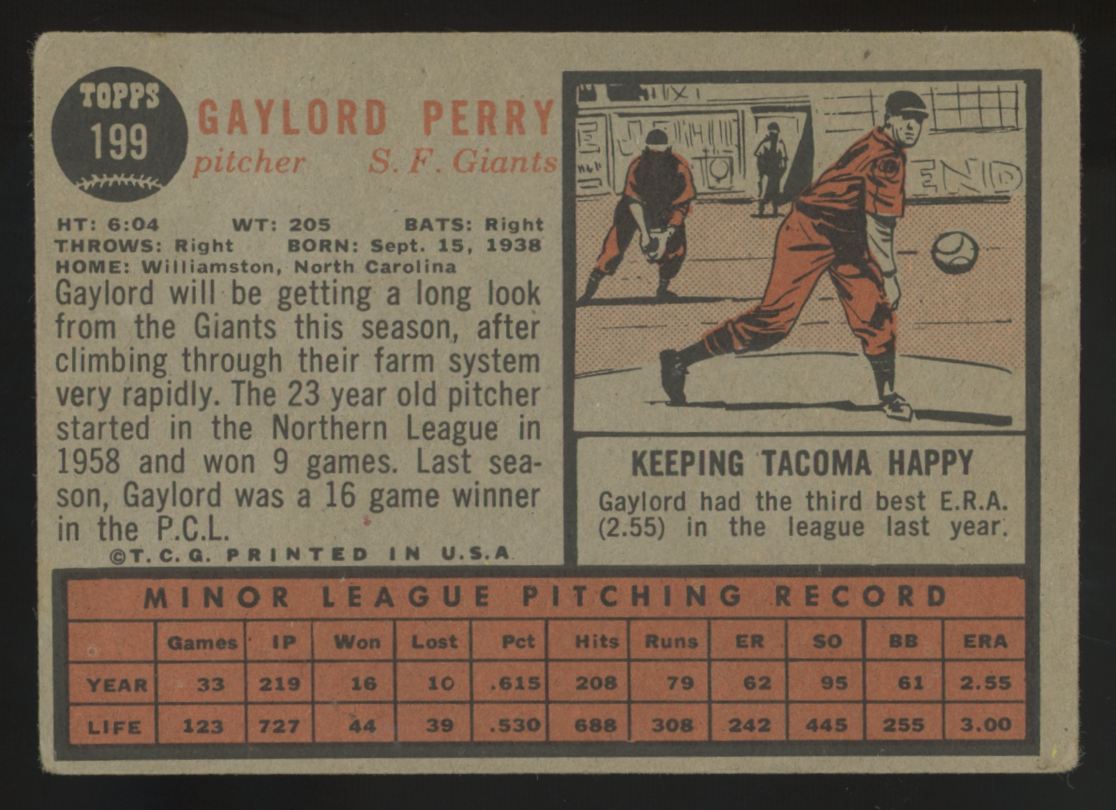 1962 Topps Gaylord Perry RC #199 G/VG