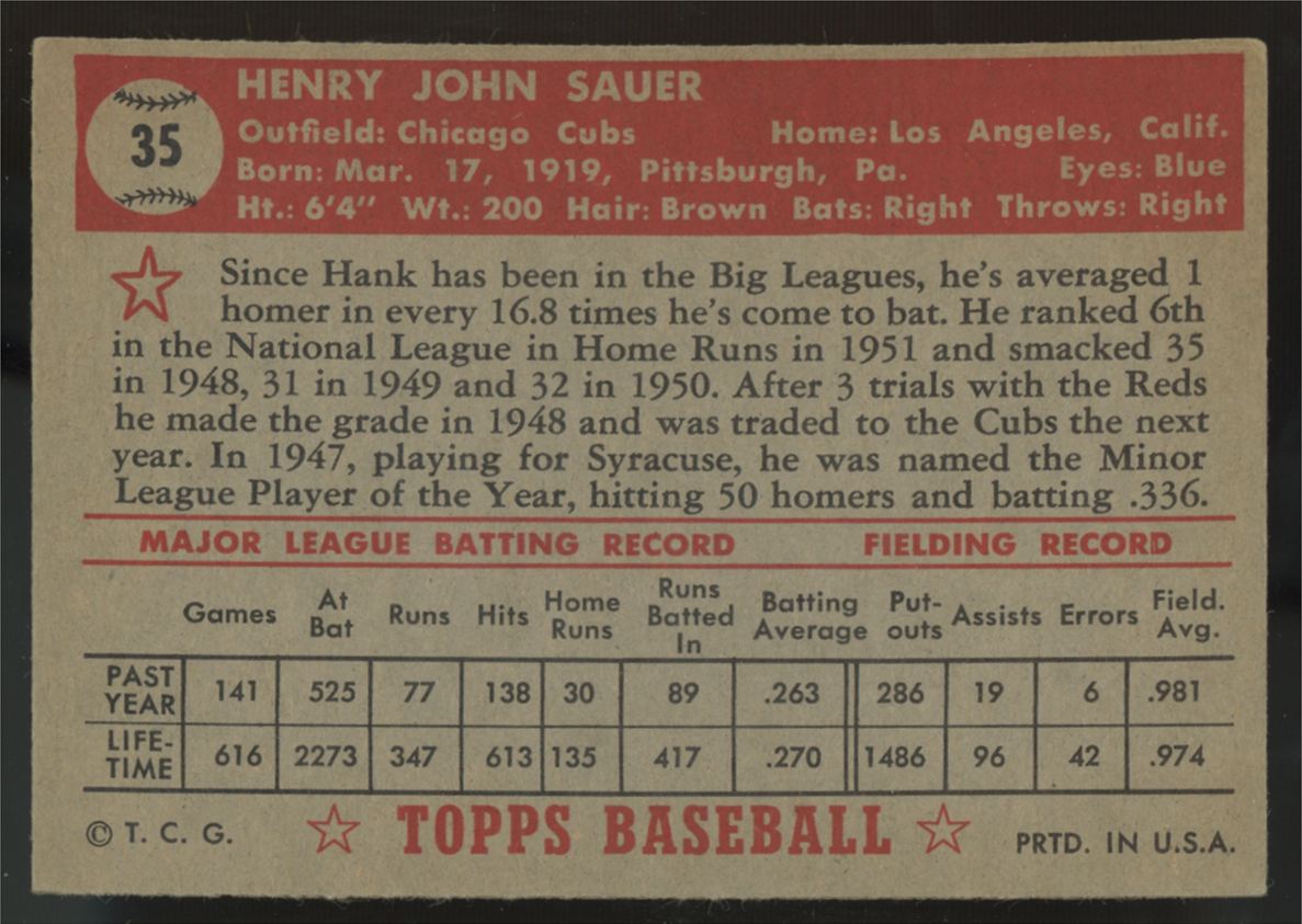 1952 Topps Hank Sauer #35 VG