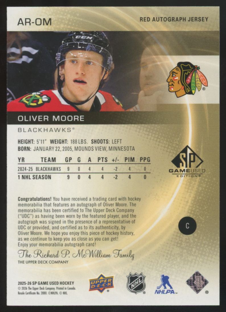 2025-26 Upper Deck SP Game Used Oliver Moore RC Red Patch Auto RPA /99 #AR-OM