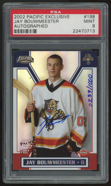 2002-03 Pacific Exclusive Jay Bouwmeester RC Auto /1000 #198 PSA 9